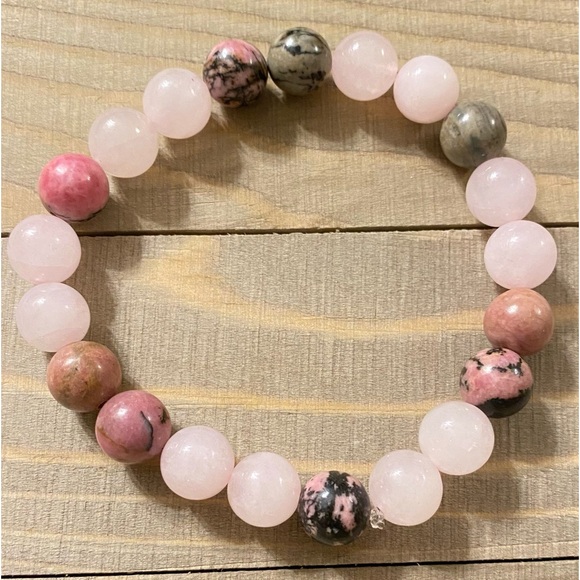 B24 ❤️ 10 mm Rose Quartz & Rhodonite 7.5" Handmade Gemstone Crystal Bracelet - Picture 2 of 3